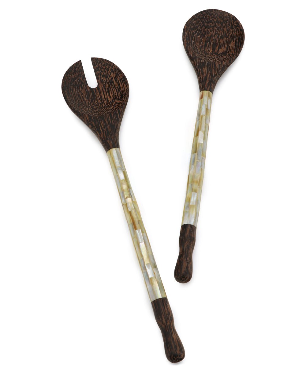 Mother of Pearl and Palm Wood Salad Servers - Serveware