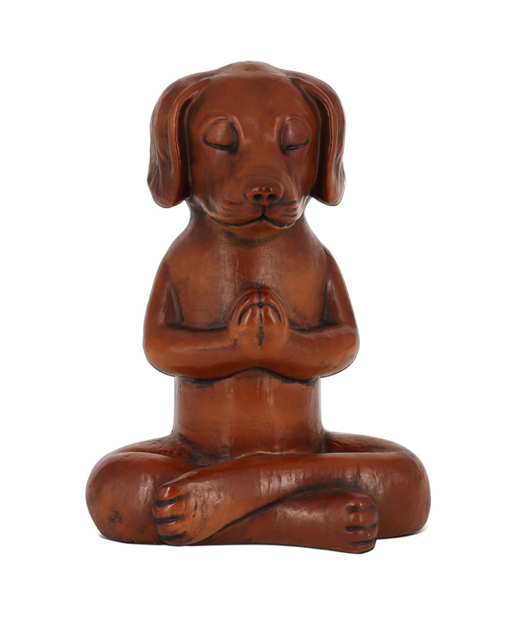 Namaste Dog Statue in Rich Mahogany Tone - Sculptures & Statues
