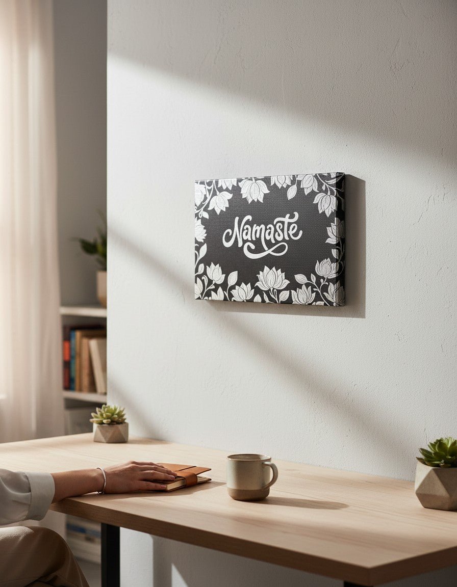 Namaste Lotus Wall Art — 18x12 Black Leatherette Yoga Decor - Home Decor