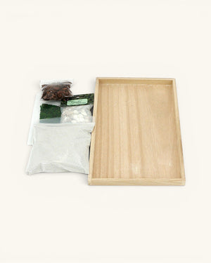 Natural Elements Zen Garden with Moss, Orchid Bark, Pebbles & Mini Rake — 7x11 Wood Tray - Meditation Item