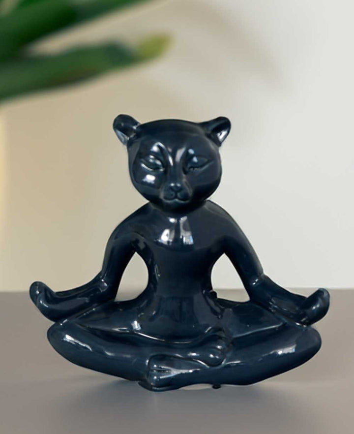 Navy Blue Ceramic Meditating Yoga Cat - Sculptures & Statues