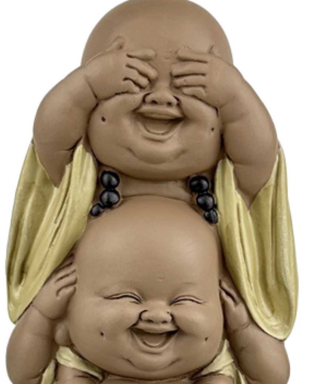 No Evil Stacked Joyous Happy Buddha Statue - Sculptures & Statues