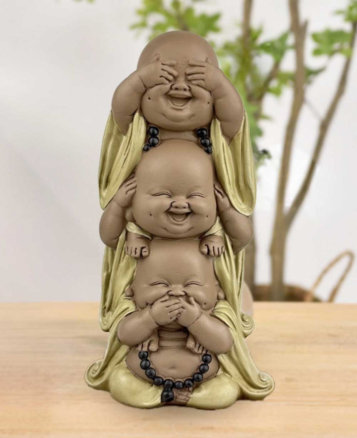 No Evil Stacked Joyous Happy Buddha Statue - Sculptures & Statues