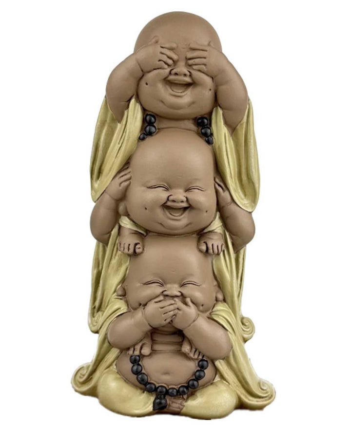 No Evil Stacked Joyous Happy Buddha Statue - Sculptures & Statues