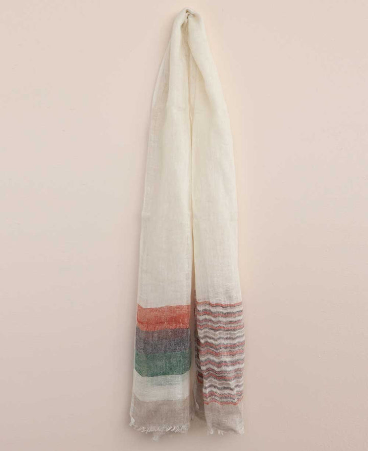 Off White Linen Scarf With Border Stripes - Scarves