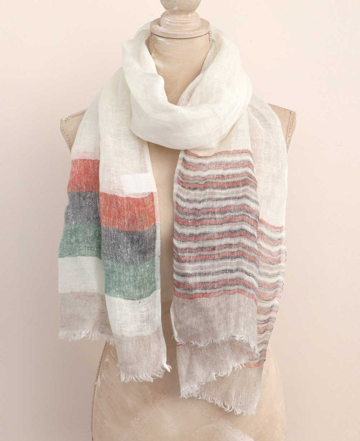 Off White Linen Scarf With Border Stripes - Scarves