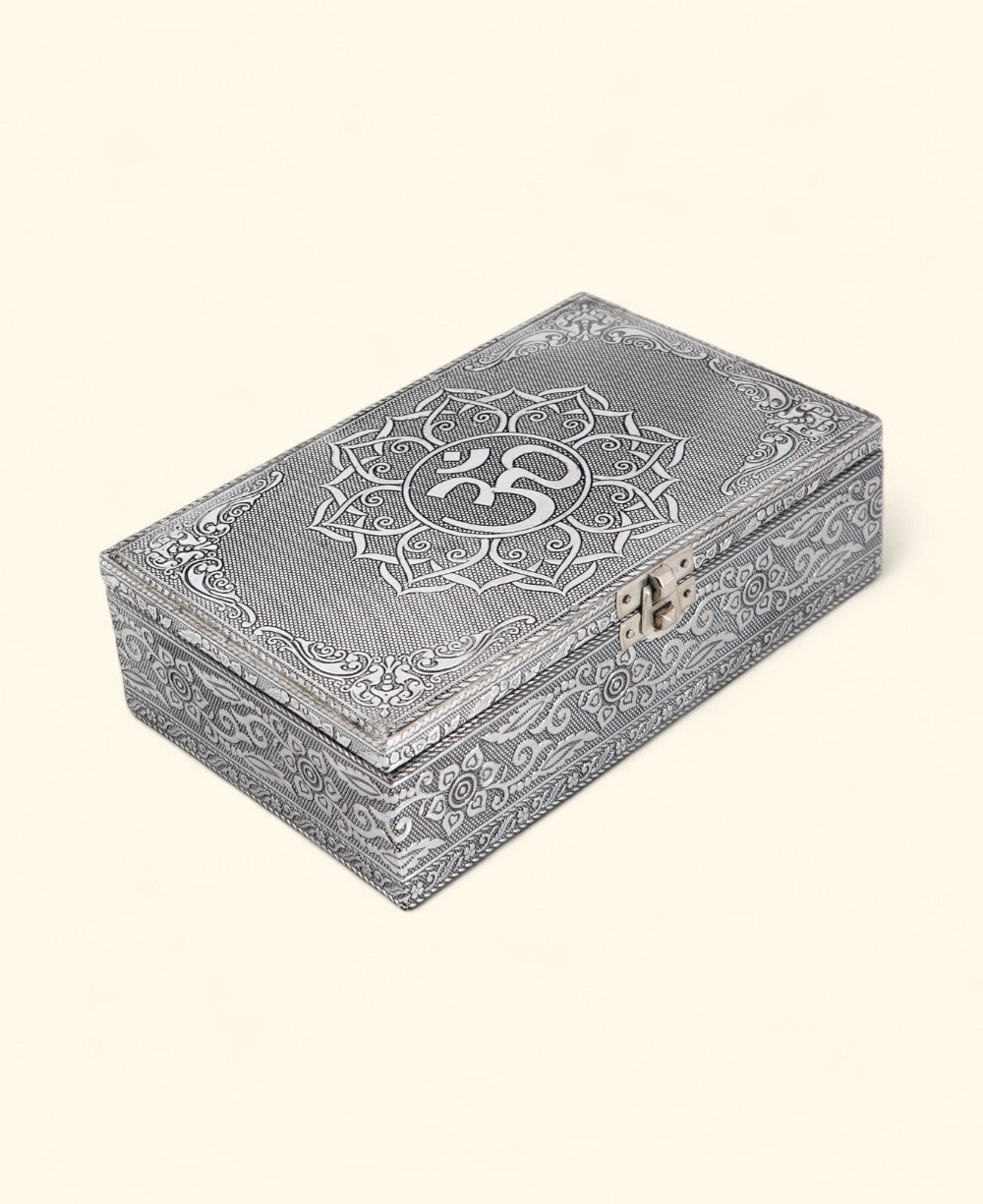 Om Jewelry Mala Box – Handcrafted Metal Mandala Storage with Velvet Lining - Jewelry Boxes