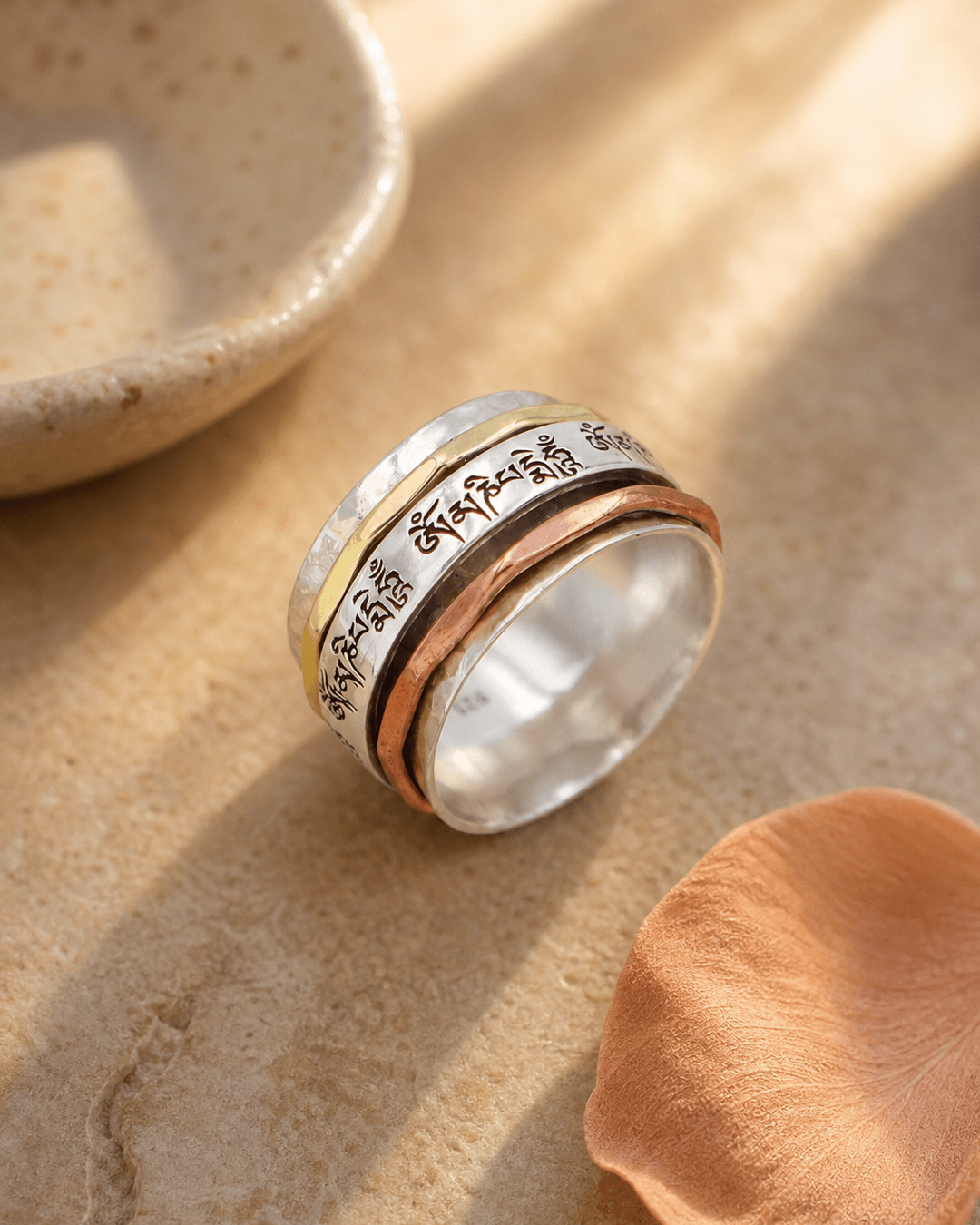 Om Mani Padme Hum Spinning Tibetan Mantra Ring — Sterling Silver, Brass & Copper - Ring Size 6