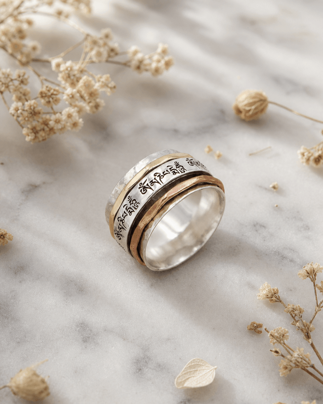 Om Mani Padme Hum Spinning Tibetan Mantra Ring — Sterling Silver, Brass & Copper - Ring Size 6