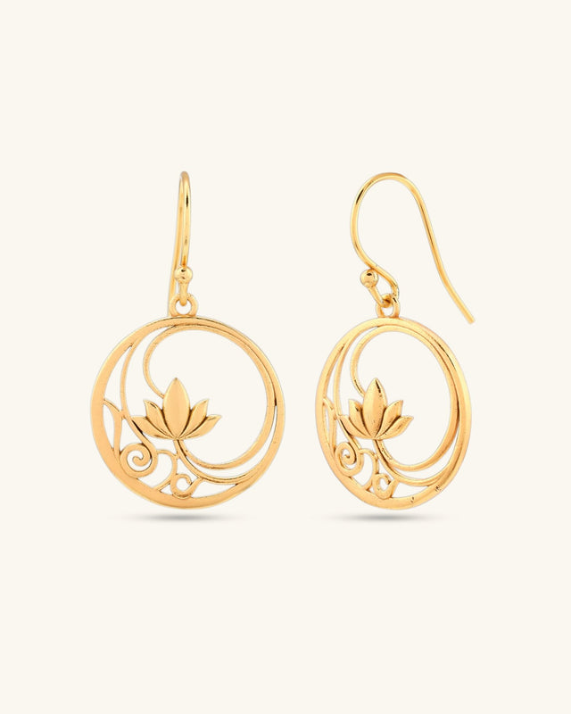 Openwork Lotus Drop Earrings — 18K Gold Plated Brass Lotus Blossom - Earrings