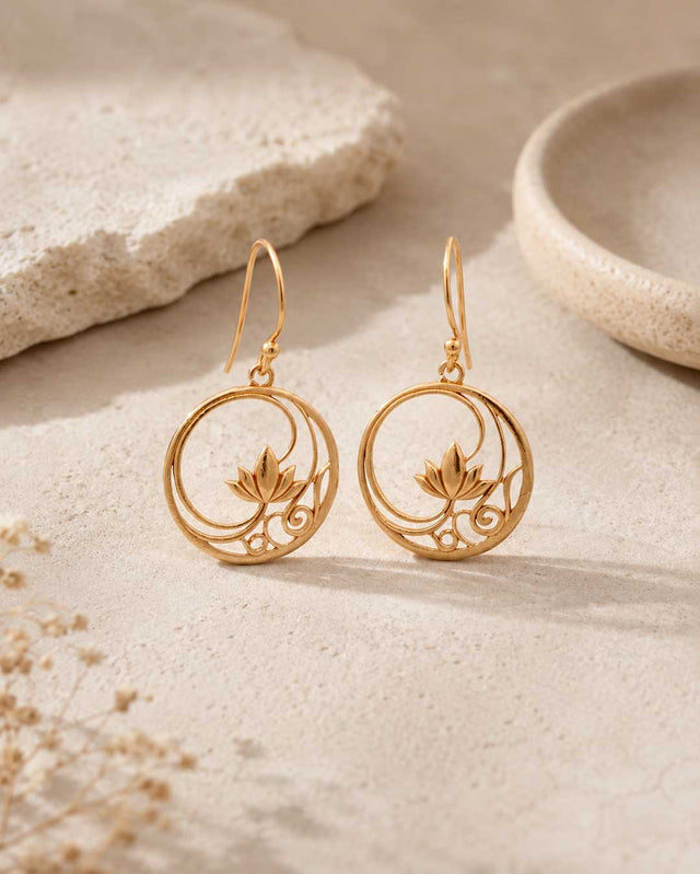Openwork Lotus Drop Earrings — 18K Gold Plated Brass Lotus Blossom - Earrings
