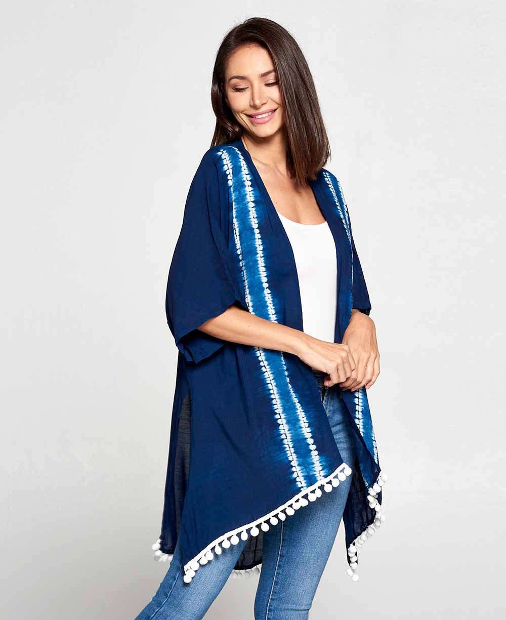 Organic Cotton Indigo Kimono Wrap with Pom Poms - Apparel