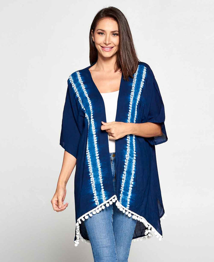 Organic Cotton Indigo Kimono Wrap with Pom Poms - Apparel