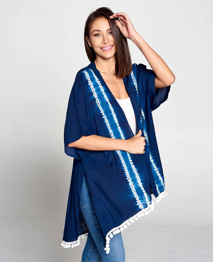 Organic Cotton Indigo Kimono Wrap with Pom Poms - Apparel