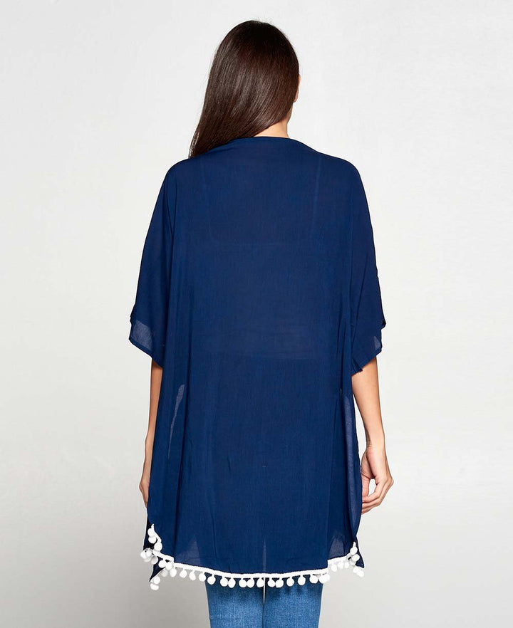 Organic Cotton Indigo Kimono Wrap with Pom Poms - Apparel