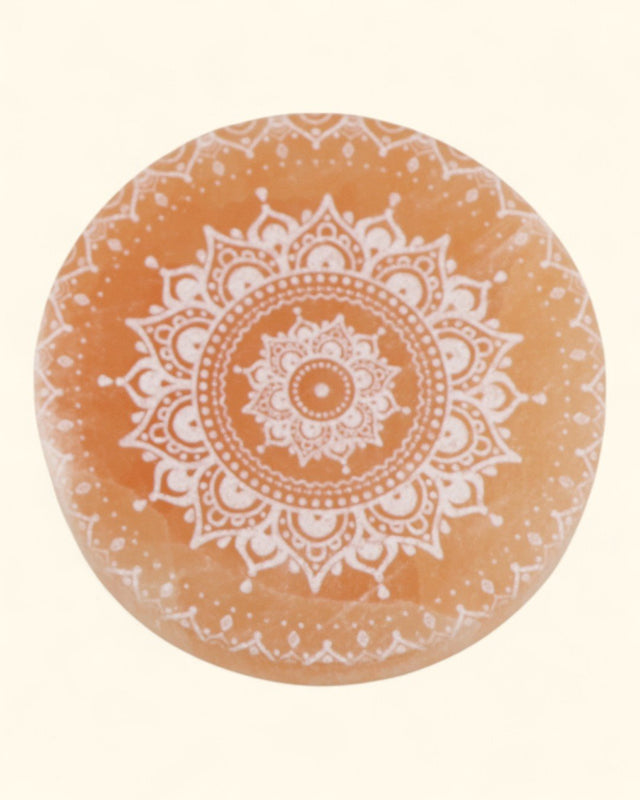 Peach Selenite Energy Mandala Crystal Charging Plate - New