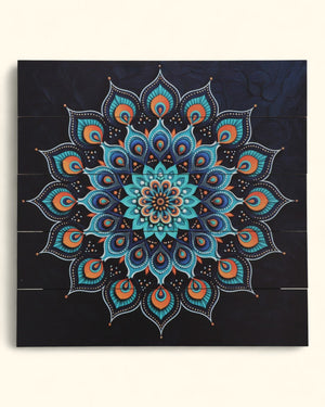 Peacock Radiance Mandala Wall Art – Jewel - Tone Wood Panel with Feather Motif - Posters, Prints, & Visual Artwork
