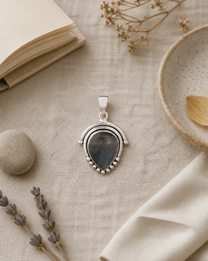 Premium Labradorite Inverted Teardrop Silver Pendant with Beaded Architectural Detailing - Charms & Pendants