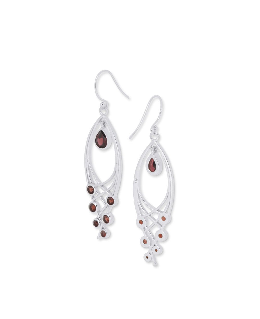 Premium Leaf Shaped Sterling Silver Garnet Gemstone Dangle Earrings - Earrings