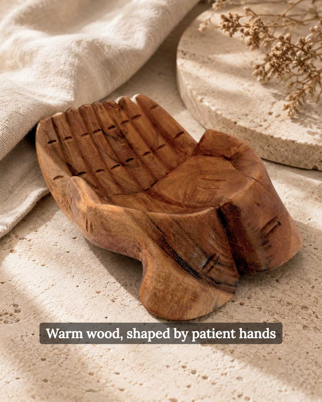Hand-Carved Wooden Offering Hands Bowl — Balinese Cupped Palms Display Dish