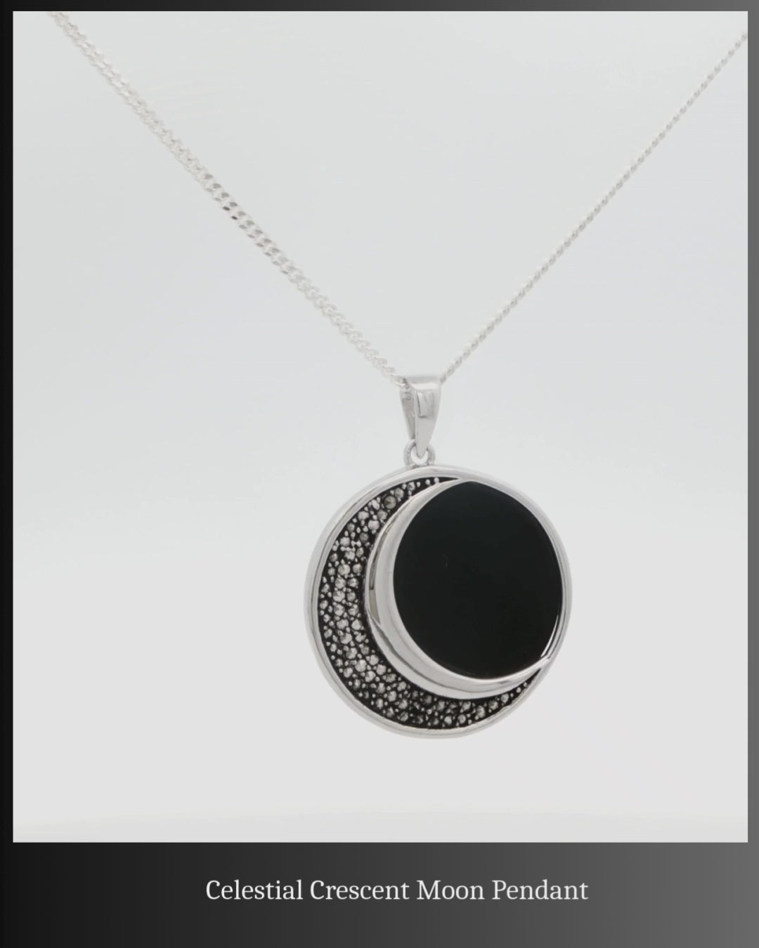 Celestial Crescent Moon Pendant – Sterling Silver with Black Onyx & Marcasite