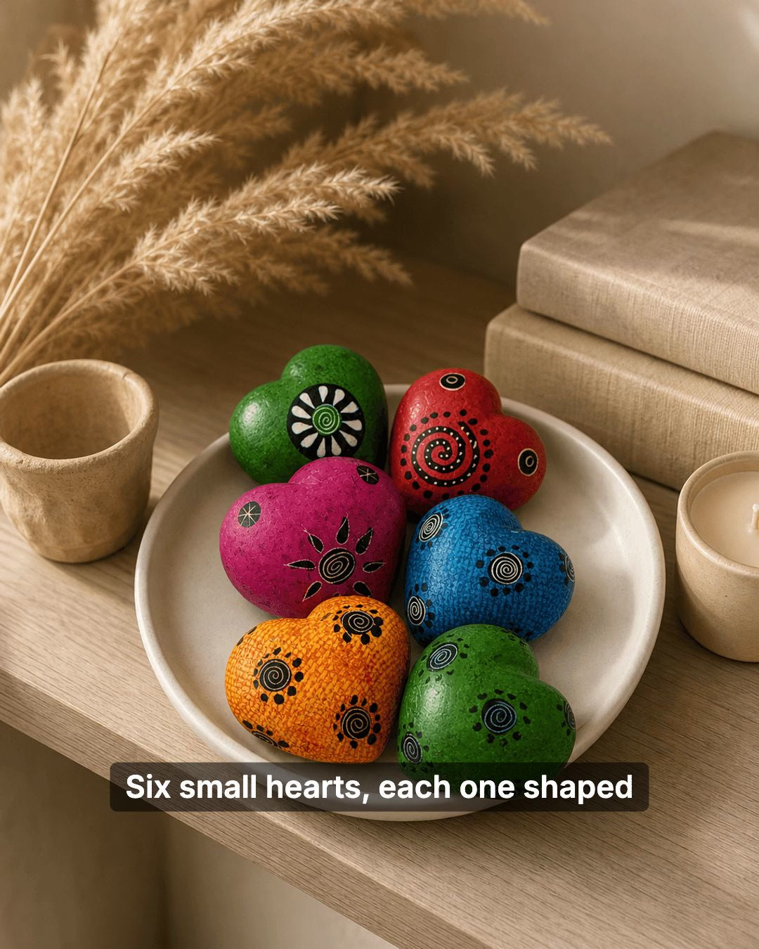 Hand-Carved Soapstone Hearts Set of 6 — Etched Multicolor Decorative Stone Tokens, 2 Inch