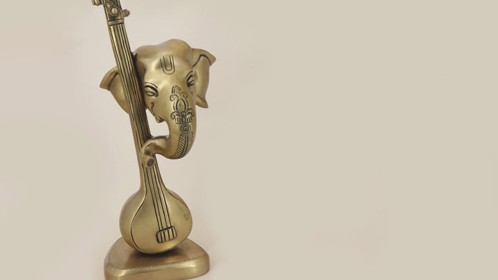 Artistic Abstract Brass Ganesh Statue Playing Sitar