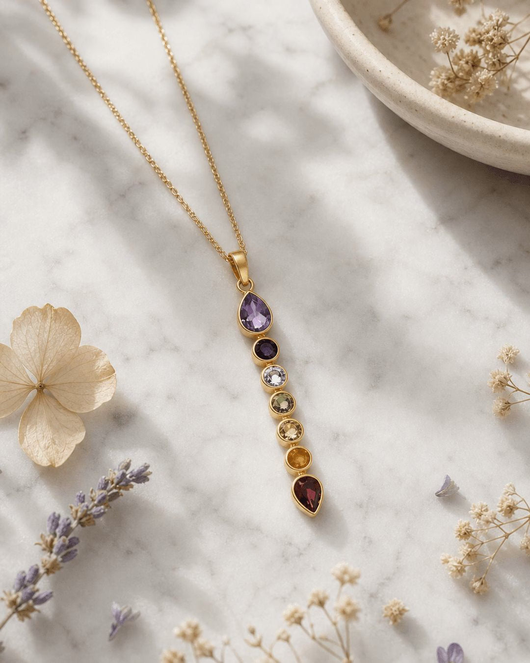 Seven Chakra Gemstone Necklace – 18K Gold Plated Vertical Chakra Pendant