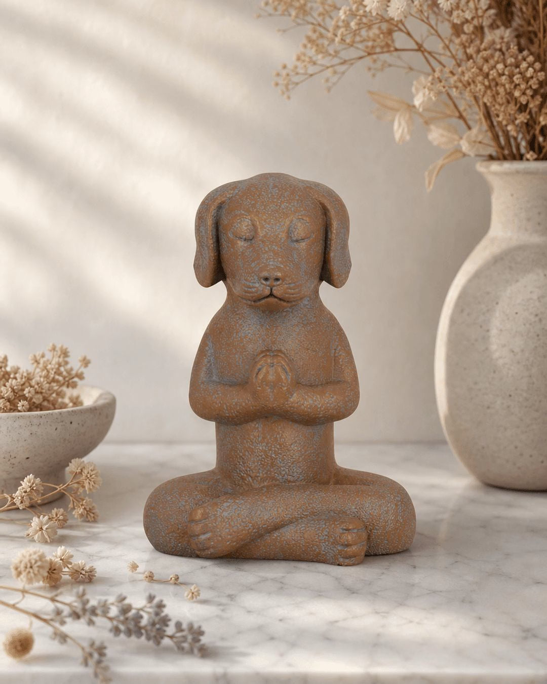 Namaste Dog Statue, Terra Cotta Finish