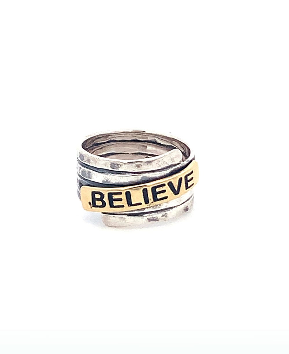 Believe Hammered Sterling Silver Ring