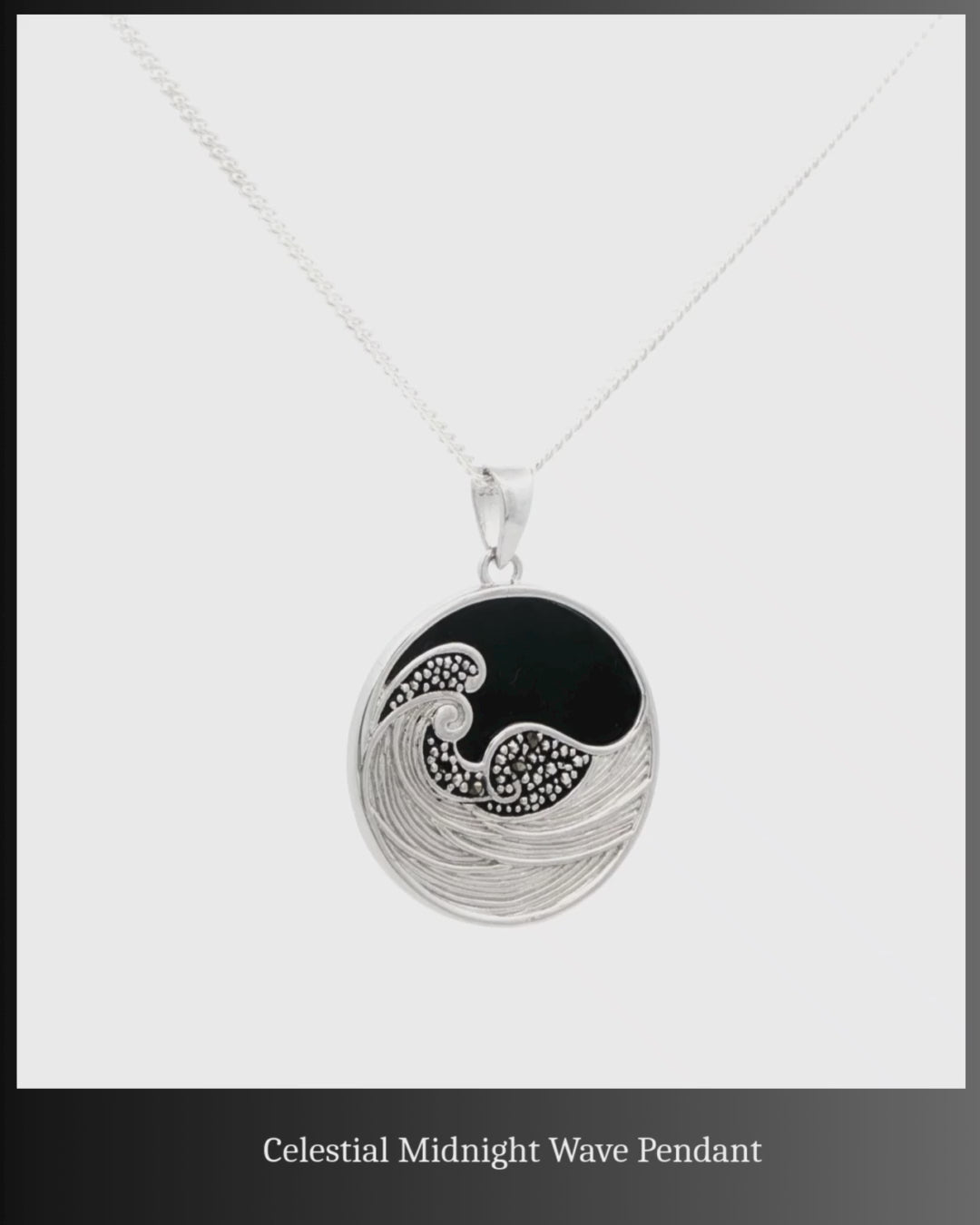 Celestial Midnight Wave Pendant – Sterling Silver with Onyx & Marcasite