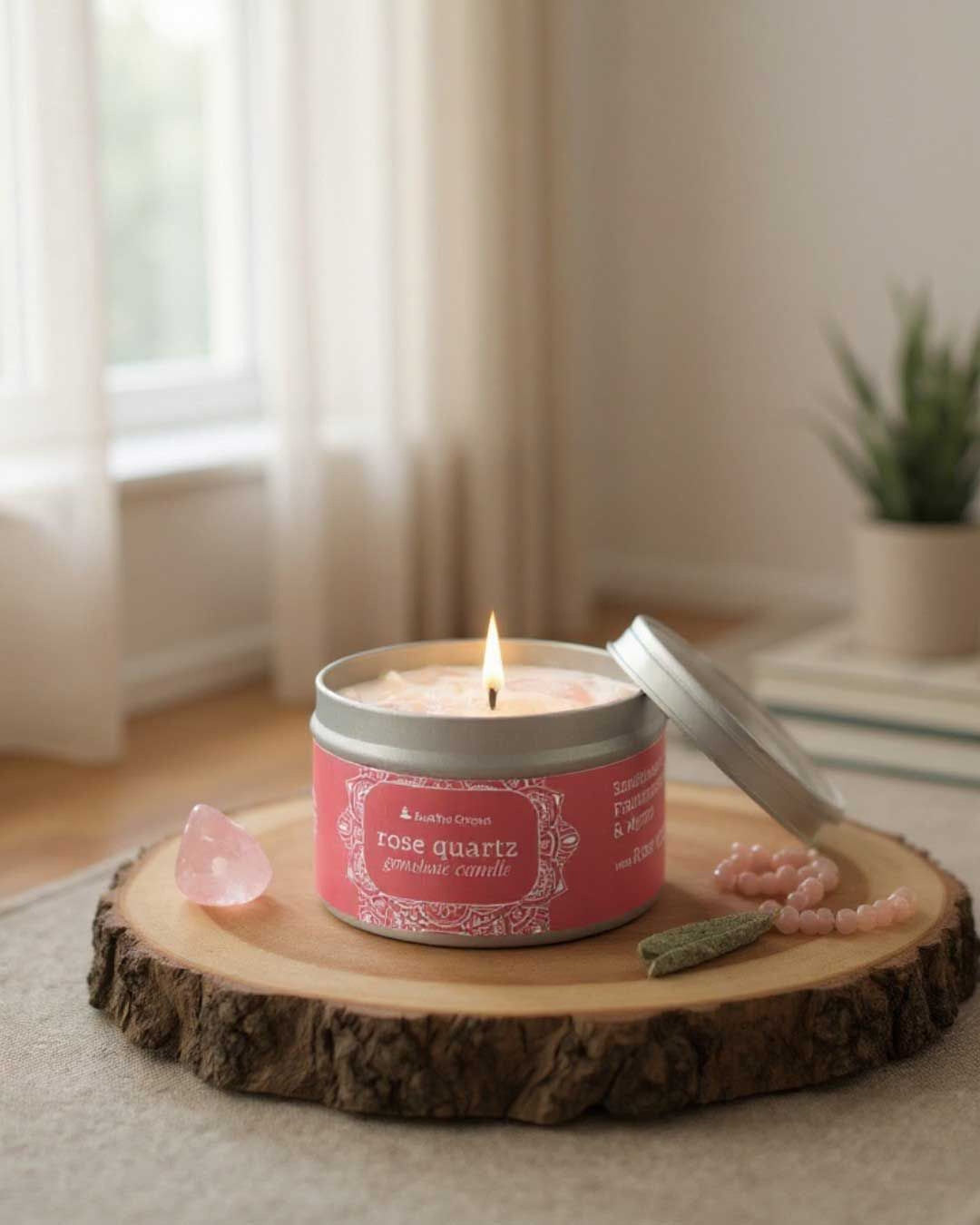Rose Quartz Gemstone Hand-Poured 8 oz Soy Candle with Healing Crystals