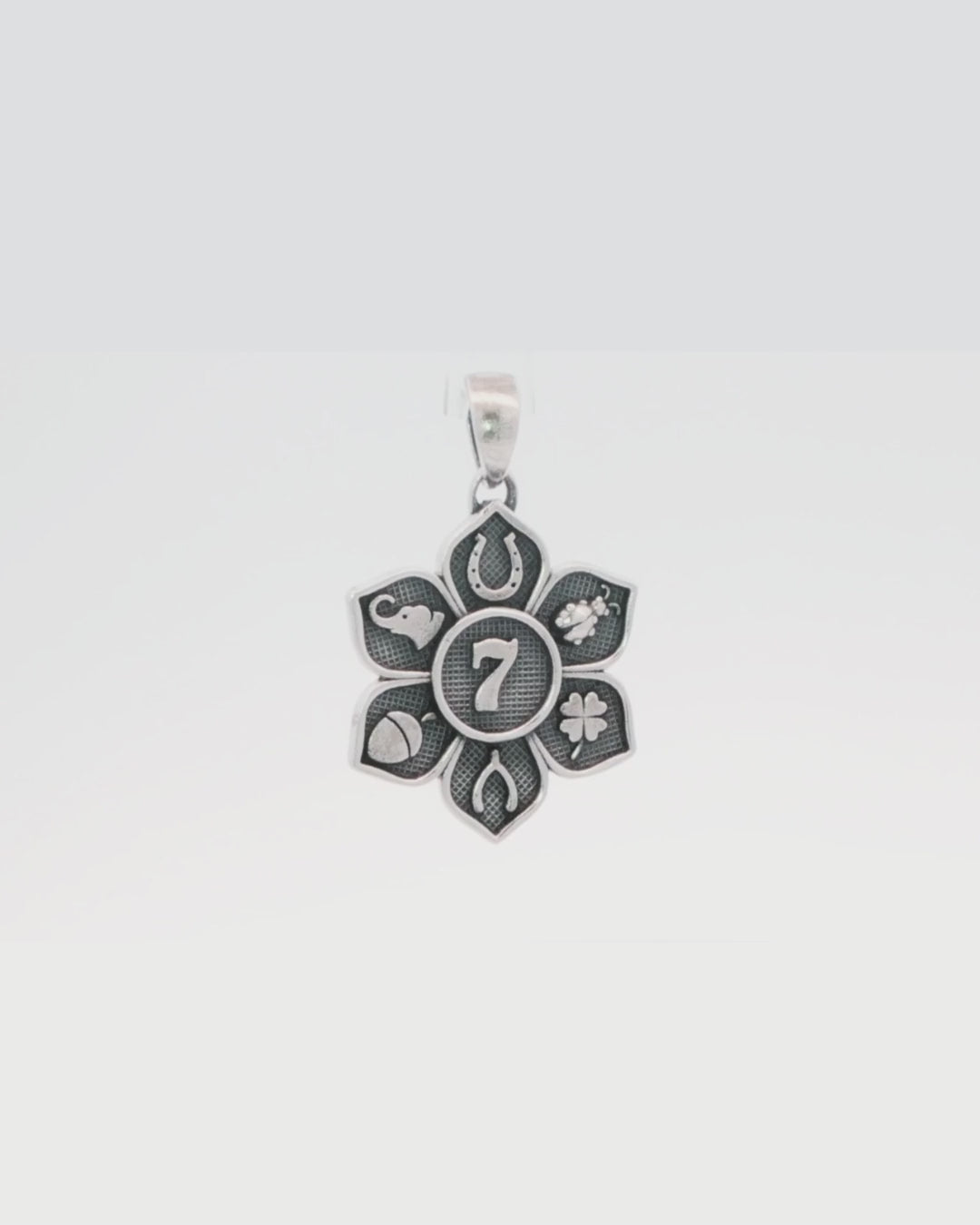 Sterling Silver Lucky Symbols Pendant – Engraved Good Fortune Talisman Charm