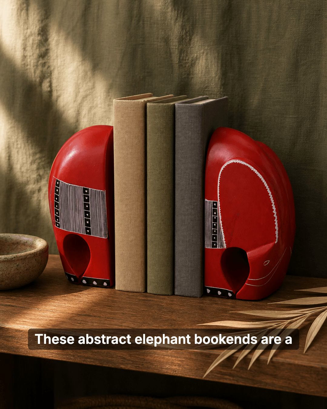 Red Kisii Elephant Bookends with Tribal Patterns