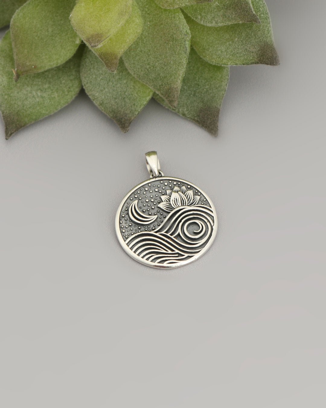 Silver Lotus Moon Wave Pendant