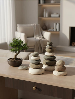 Quintuple Stone Cairn Sculpture — 7.5 Inch Natural Rock Stack Decor - Statues & Accents