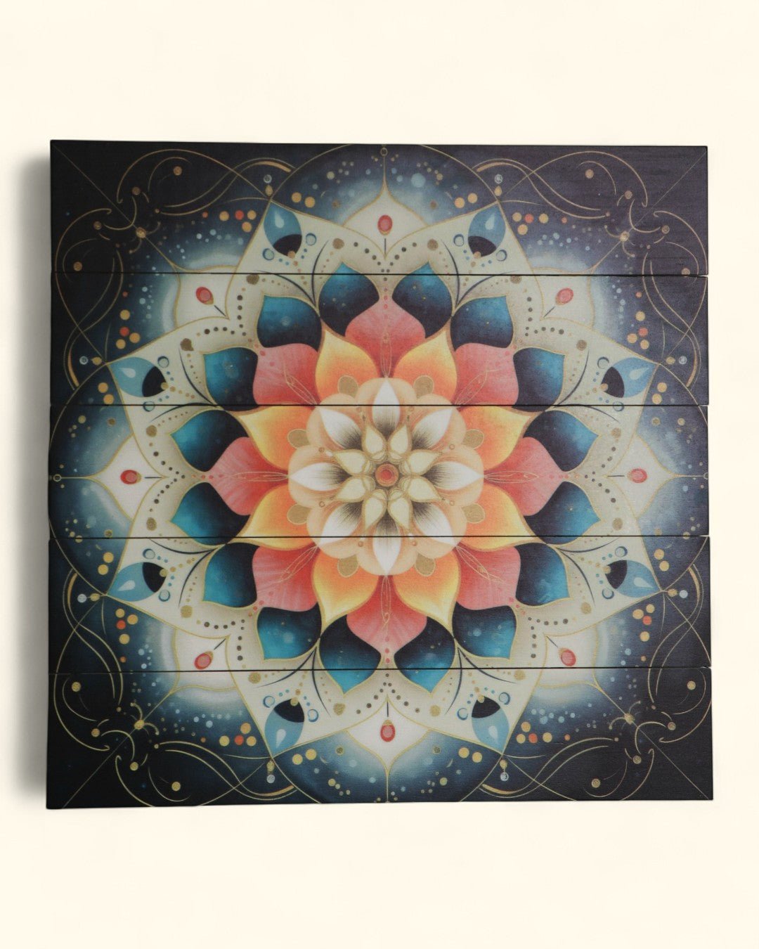 Radiant Lotus Mandala Wall Art – Printed Wood Panel in Coral & Teal - Posters, Prints, & Visual Artwork