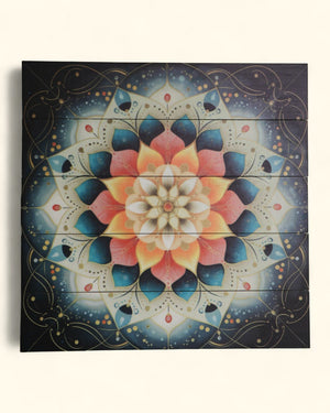 Radiant Lotus Mandala Wall Art – Printed Wood Panel in Coral & Teal - Posters, Prints, & Visual Artwork