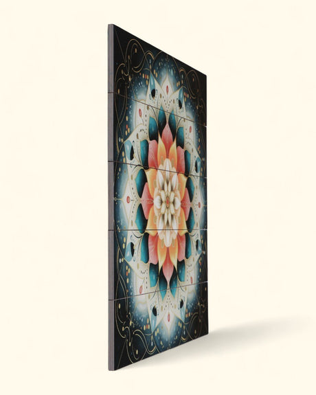 Radiant Lotus Mandala Wall Art – Printed Wood Panel in Coral & Teal - Posters, Prints, & Visual Artwork