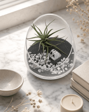 Rainbow Moonstone Gemstone Terrarium – Air Plant Arrangement in Glass Bowl with Black Sand - Terrarium