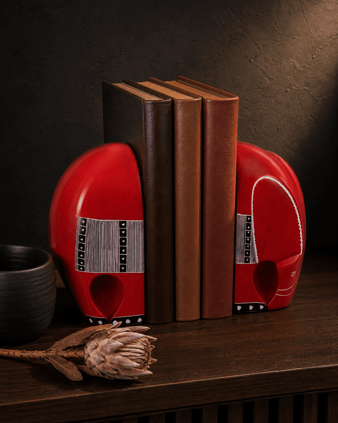 Red Kisii Elephant Bookends with Tribal Patterns - Bookends