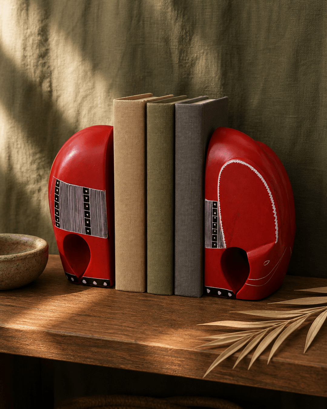 Red Kisii Elephant Bookends with Tribal Patterns - Bookends