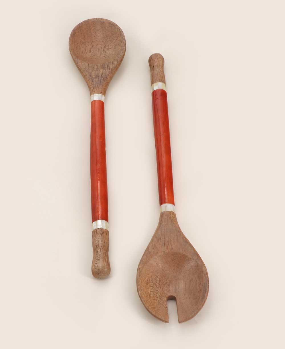 Red - Orange Capiz Shell and Wood Salad Servers - Serveware