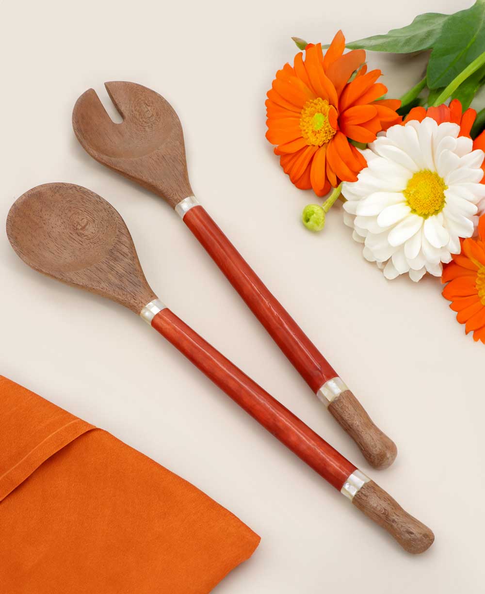 Red - Orange Capiz Shell and Wood Salad Servers - Serveware