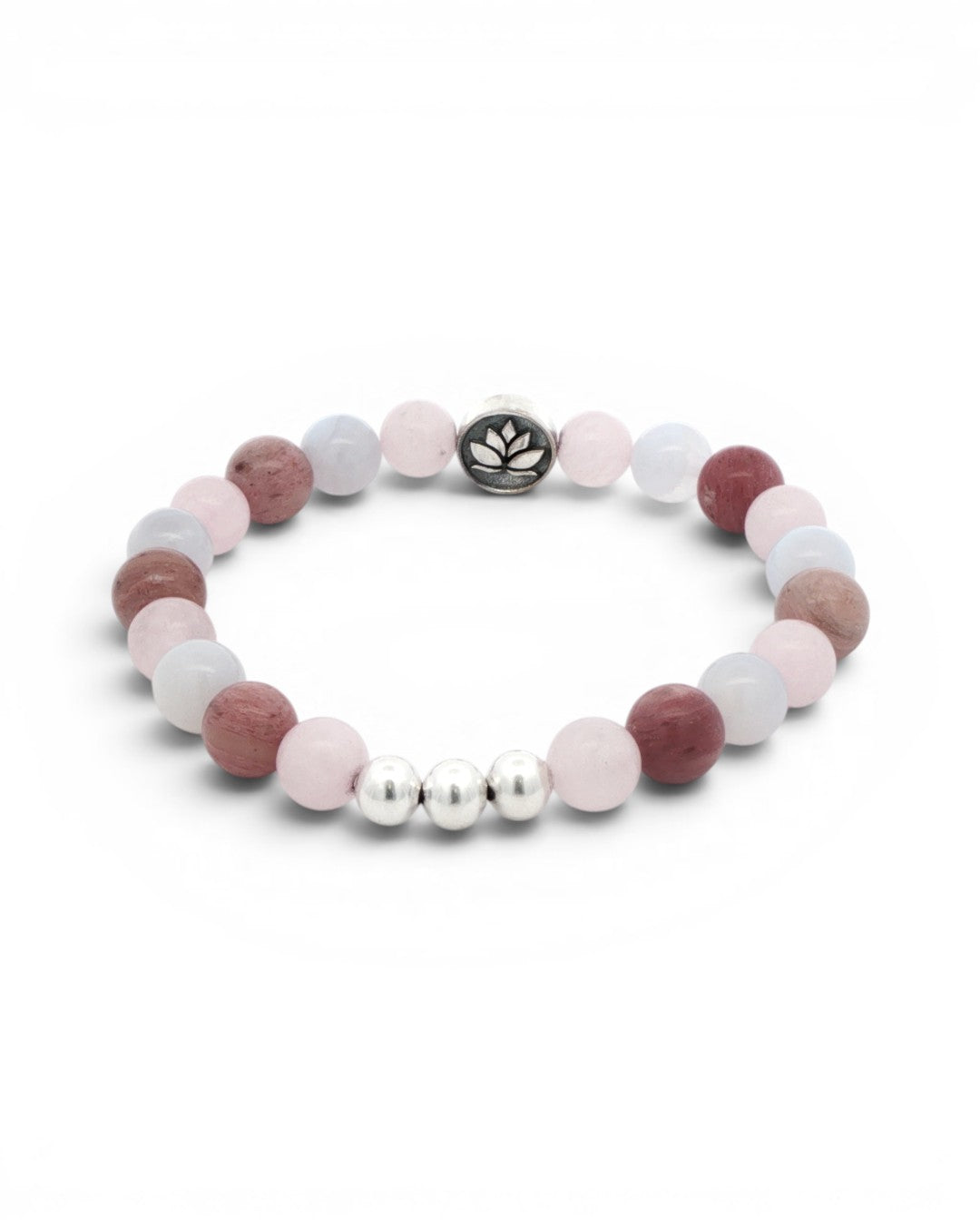 Love Connection Lotus Bracelet on white background, angled three-quarter view showing bead depth, lotus charm at top and silver spacers at base
