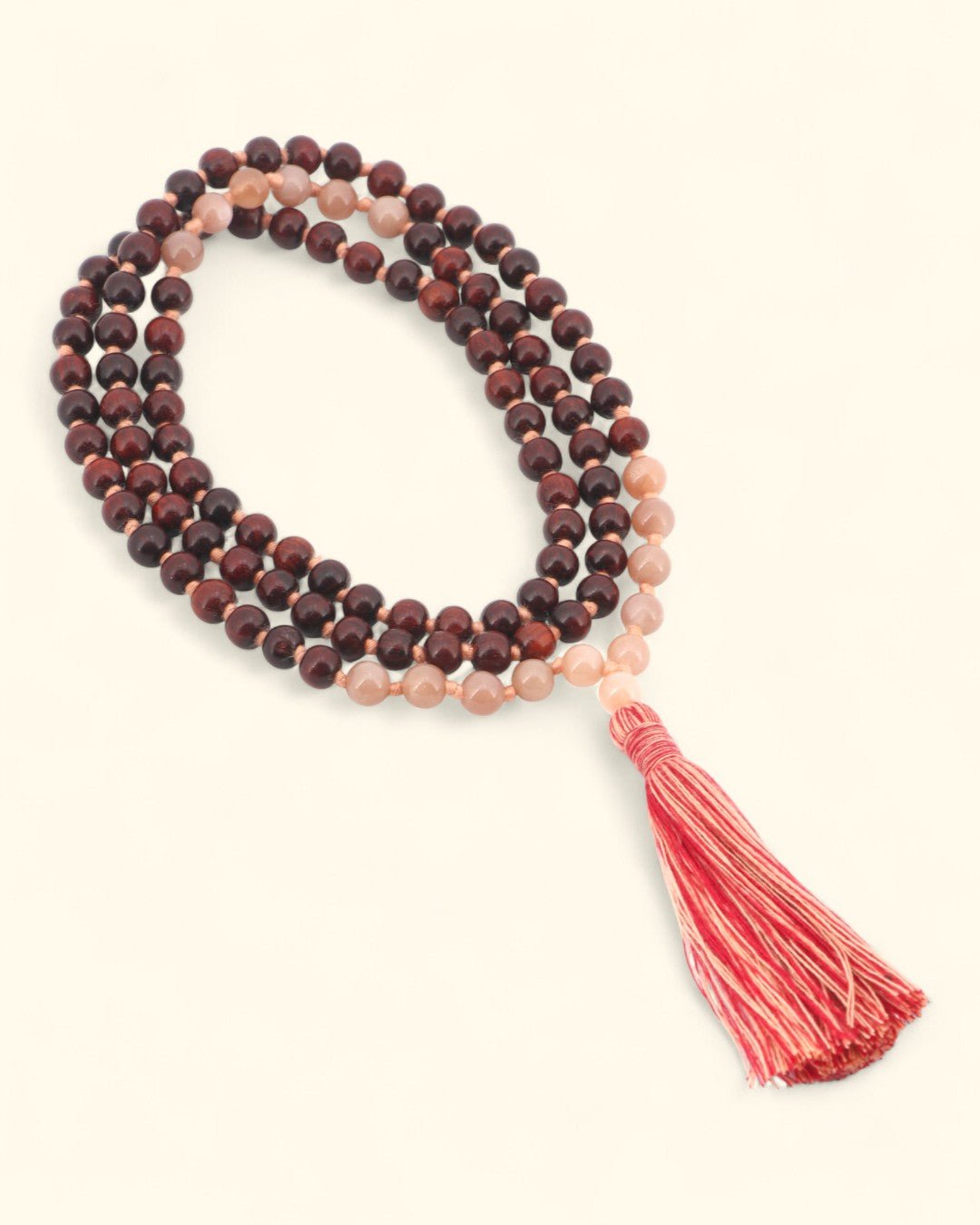 Rosewood and Peach Moonstone 108 Beads Meditation Mala, Knotted - Prayer Beads