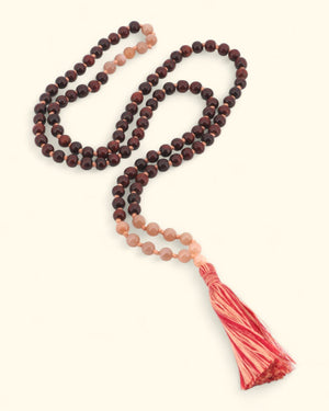 Rosewood and Peach Moonstone 108 Beads Meditation Mala, Knotted - Prayer Beads