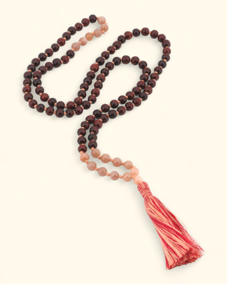 Rosewood and Peach Moonstone 108 Beads Meditation Mala, Knotted - Prayer Beads