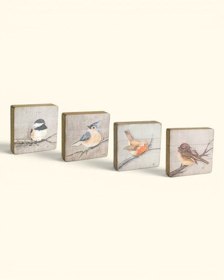 Rustic Wood Bird Plaque Set of 4 — Printed Songbirds Wall Decor -