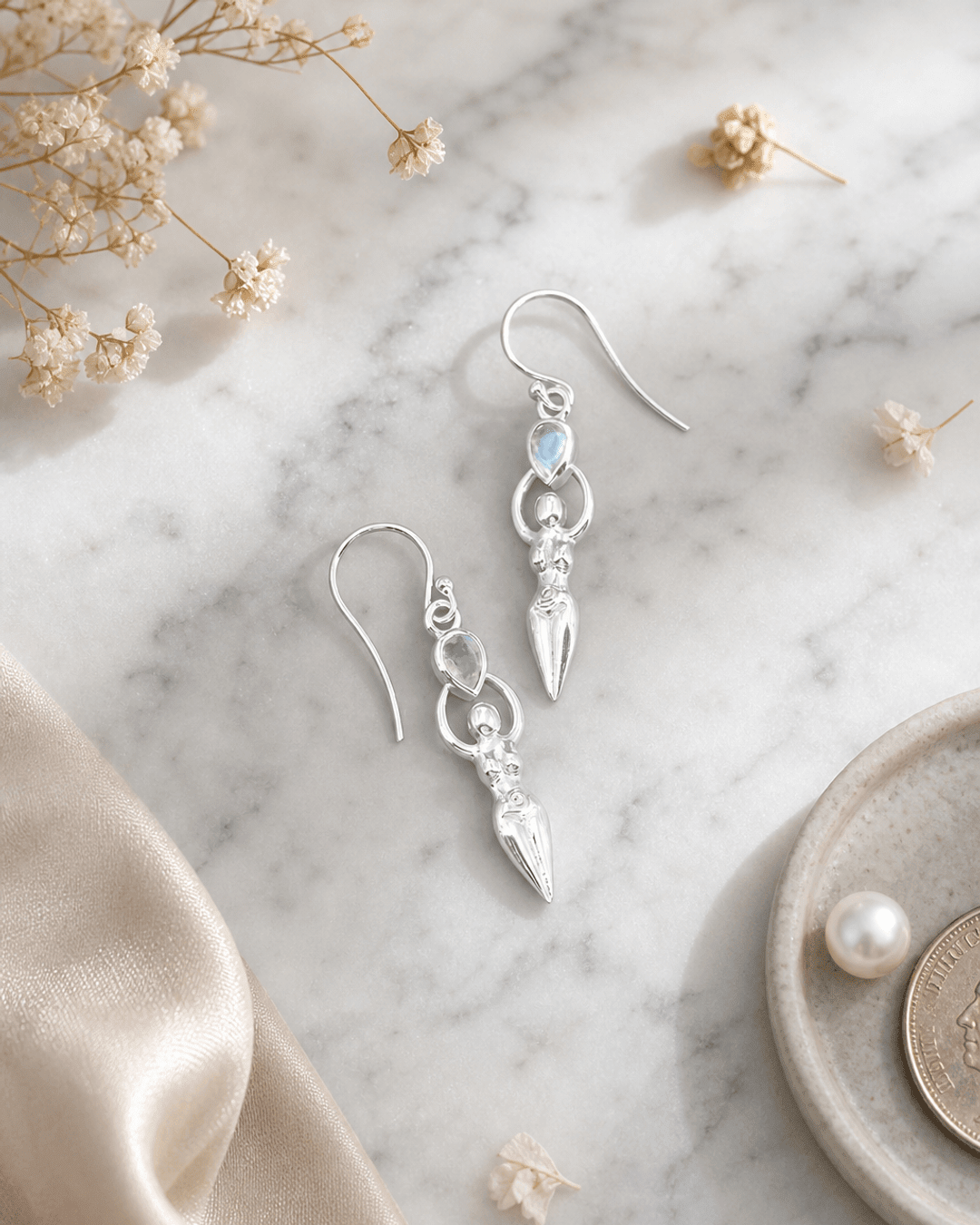 Sacred Feminine Goddess Earrings in Sterling Silver With Moonstone - Earrings
